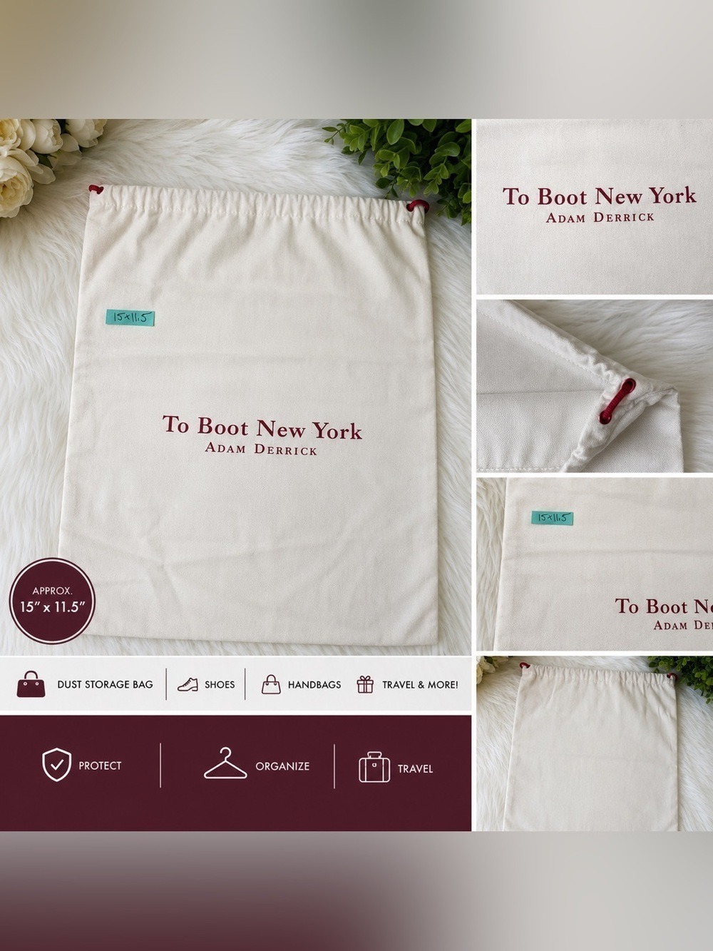 To Boot New York Adam Derrick Dust Bag Cream Red Drawstring 15x11.5